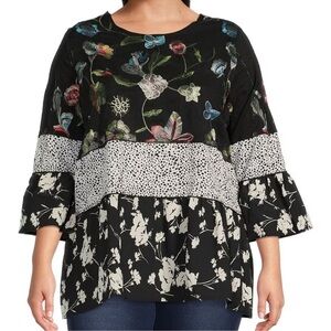 Calessa Plus Size Floral Patchwork Print Jewel Neck 3/4 Sleeve Tiered Hem Tunic‎